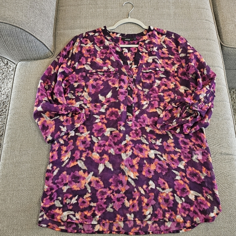 Apt. 9 Purple Pink Watercolor Sheet Popover Career Office Casual Top Large